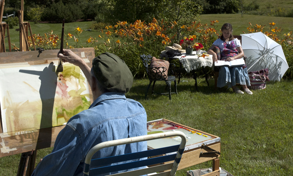 Richard painting Rachel Arnold in the garden