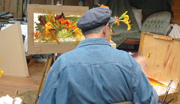 Richard working on his lily painting