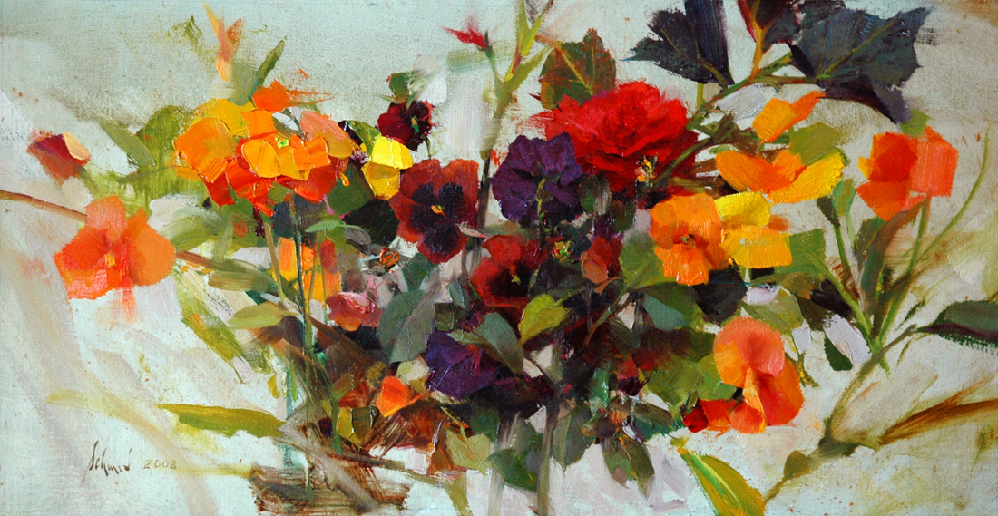 Richard Schmid ORANGE AND VIOLET PANSIES oil on linen 12 x 20